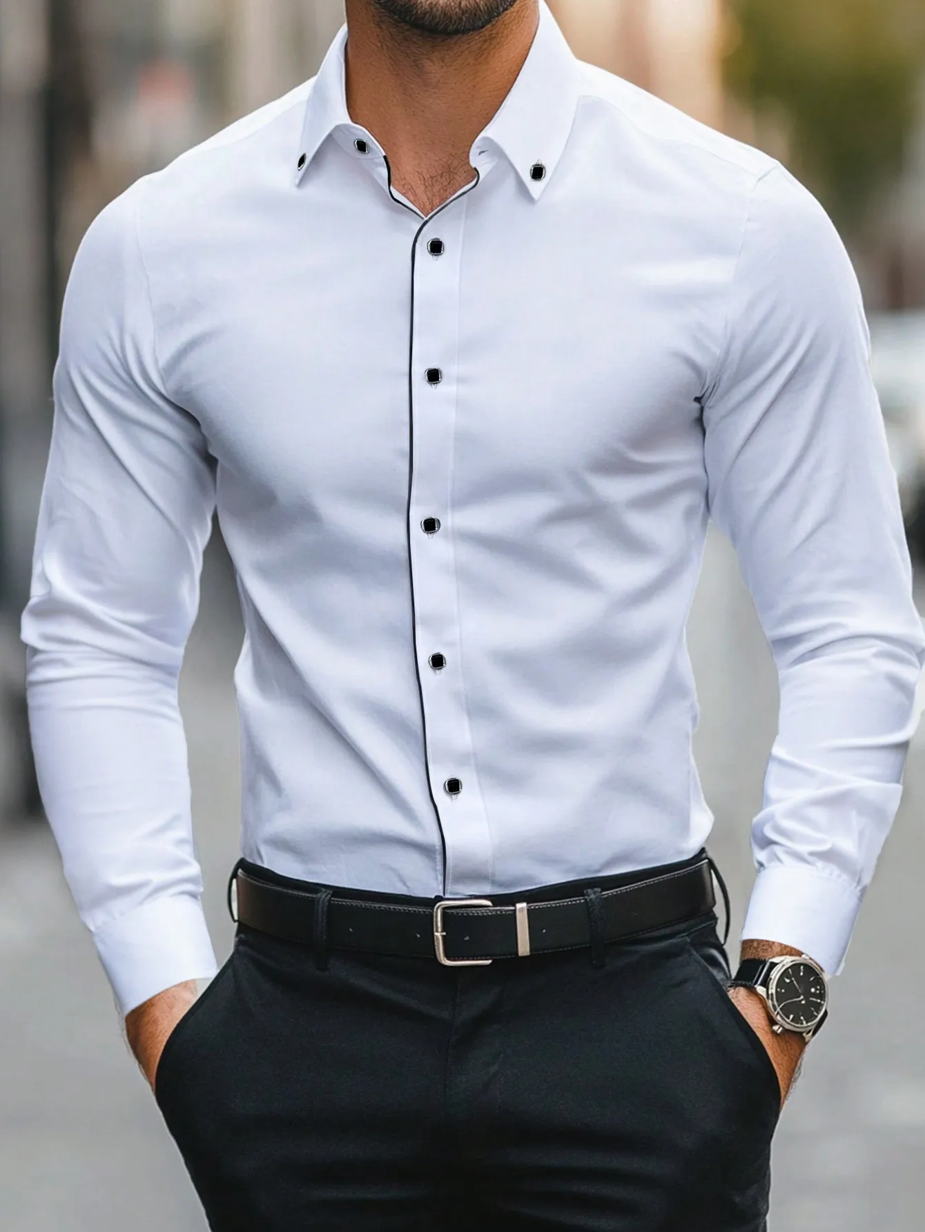 

Men's Slim Fit Formal Button-Down Shirt with Contrast Trim, Long Sleeve, Cotton Blend