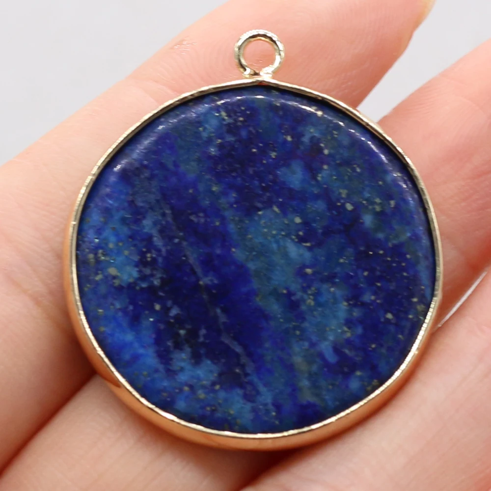 1pc Lapis Lazuli Natural Stone Round Gold-plated Gilt Pendant Craft Jewelry MakingDIY Necklace Earring Accessory Gift Party