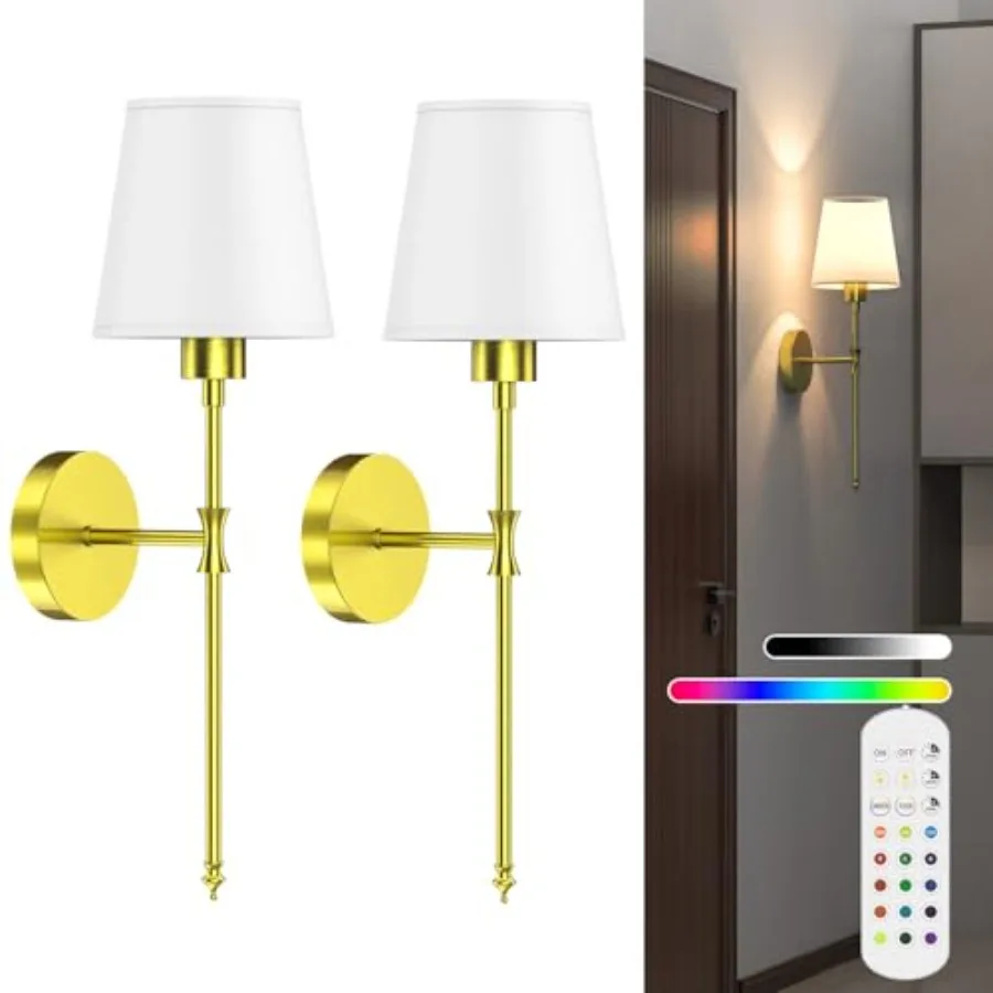 

Stylish Battery Operated Wall Sconce Set of 2 Wireless Wall Lights for Bedroom and Living Room Remote-Controlled Wall Lamps wit
