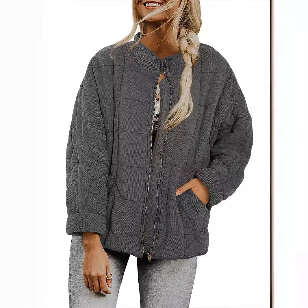 Solid Color Stand Up Collar Cotton Jacket 2025 Women's Loose Long Sleeved Pocket Jacket