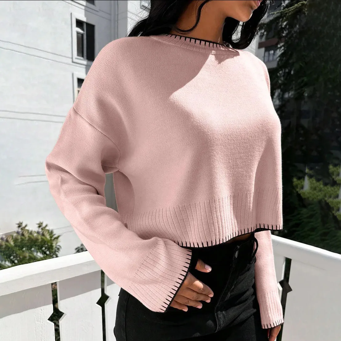 

One-size Female's Sweater Color Blocking O-neck Knit High-Waisted Loose-fit Pullover Top For Lady Lambswool Lady's Sweatshirt