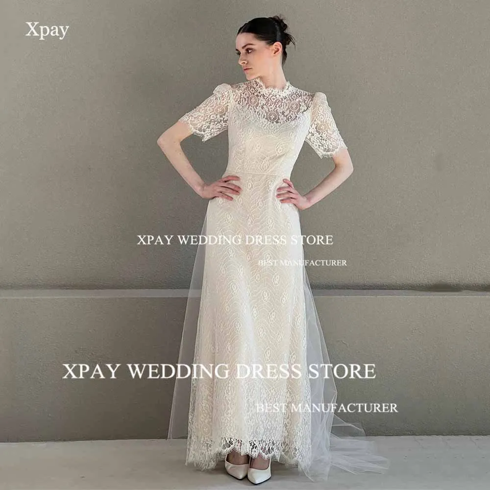 XPAY Lace O Neck A Line Wedding Dresses Short Sleeves Beach Boho Bridal Gown Custom Made Vintage Floor Length Bride Dress