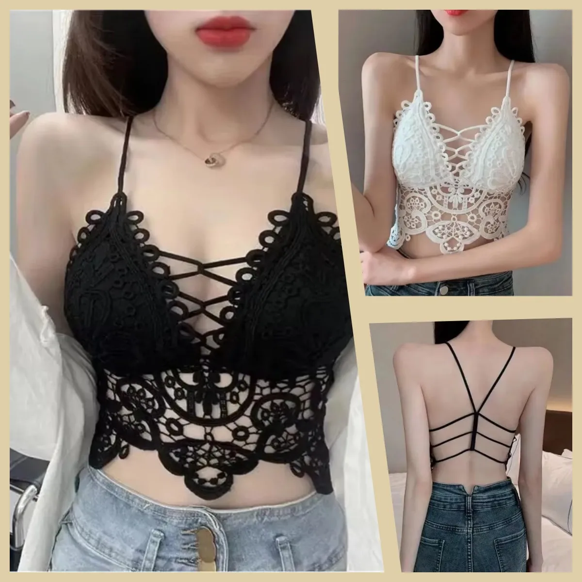 1/2pcs Summer Vintage Hollow Out Tank Tops Girl Sexy Lace Inner Style Slim Can Wear Bra Externally Women's Underwear Crop Top