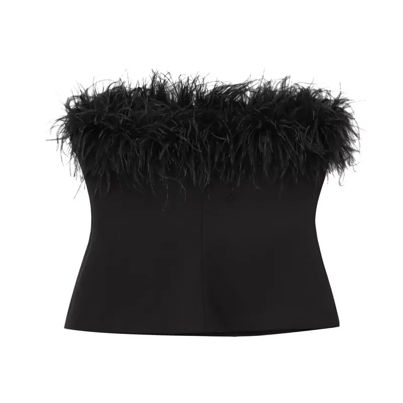Women's Design Sensation Slim Fit Feather Trim Bustier Top Fashionable Versatile Style Winter Collection 2024