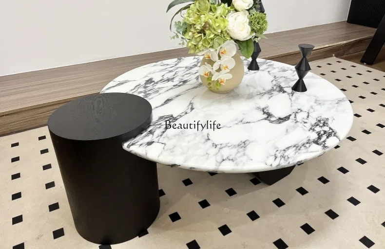 

French Marble Italian Minimalistic Design Small Apartment Retro Affordable Luxury round Tea Table