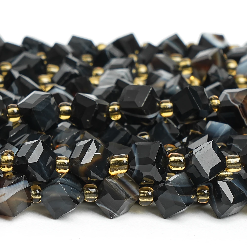 Nature Stones Beads Genuine Natural Black Banded Agate Beaded Diagonal Cube Bracelet For DIY Jewelry Making 6/8mm