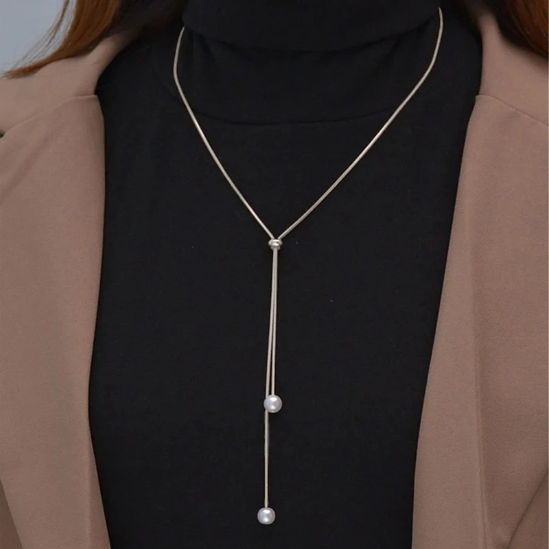 Simple Faux Pearl Pendant Adjustable Long Sweater Chain Necklace Female Necklace Jewelry Ornament Gift image 2