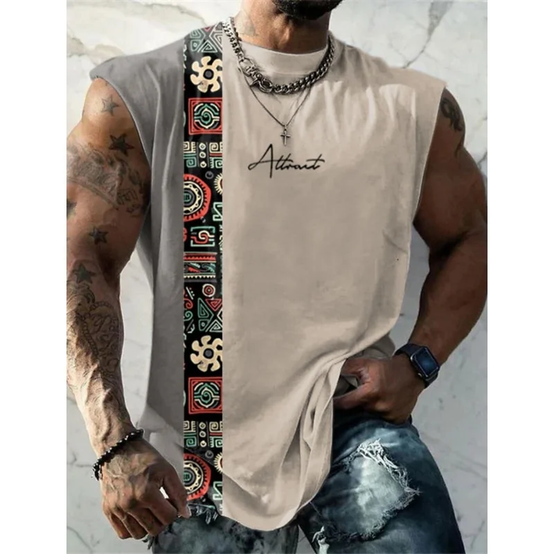 

3D Printed Retro Ethnic Splicing Tank Tops For Men Colorful Pattern Tees Summer Loose Sports Street Round Neck Vest Casual Tops
