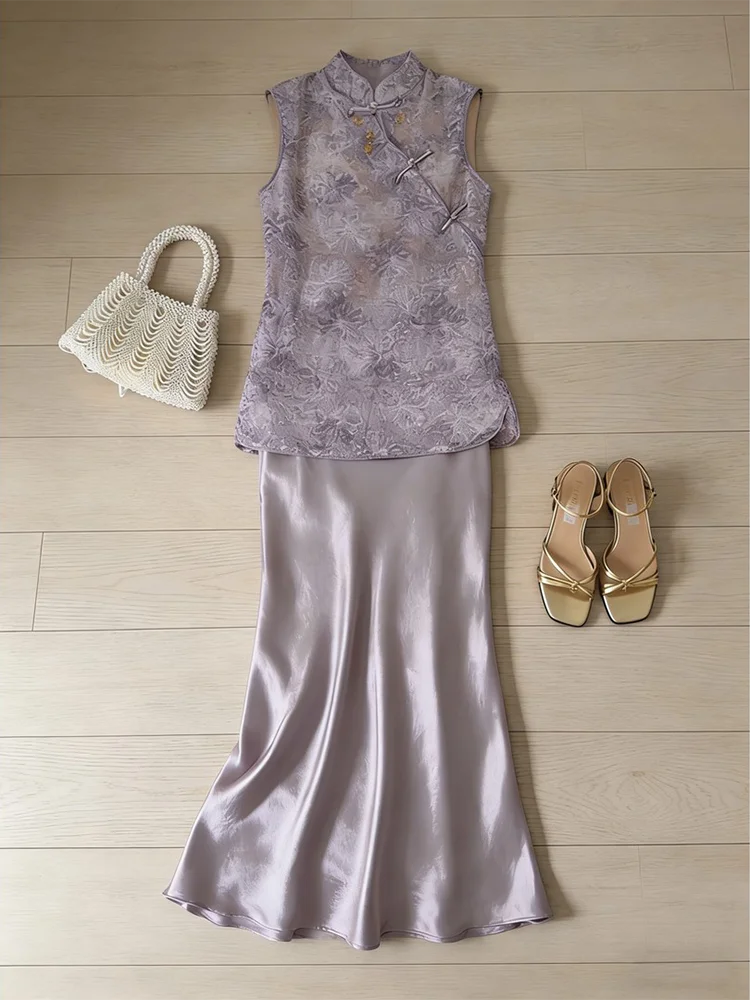 New Chinese Style Zen Inspired Sleeveless Vest And Skirt Set Women's High Waist Long Skirt Two Piece Set Floral Plant Pattern