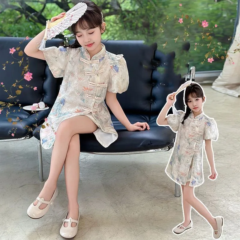 Girls' Summer 2026 New Cheongsam Dress Children's New Chinese Short Sleeve Buckle Qipao Dress Kids' Breathable Dress LJ637