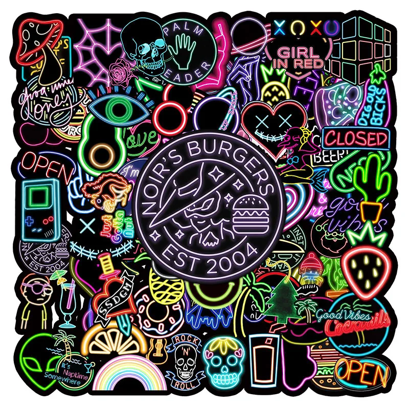 100Sheets Cartoon Creative Color Neon Doodle Stickers Suitcase Helmet Refrigerator Notebook Stickers Children's Gift Toys