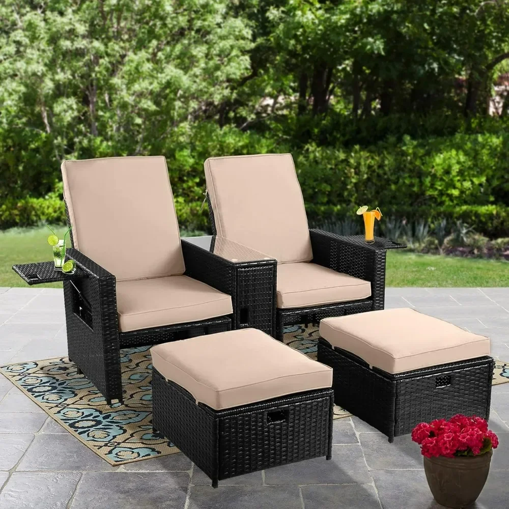 Patio Wicker Furniture Set Outdoor Rattan Sofa Set Adjustable Lounge Chair with Ottoman, Coffee Table, Cushion