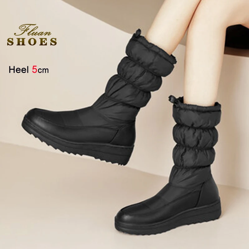 

2025 Winter Snow Boots For Women Anti-Slip Platform Cosy Warm Outdoors Shoes 5CM Wedge Heel Woman Mid-calf Down Boots Size 35-44