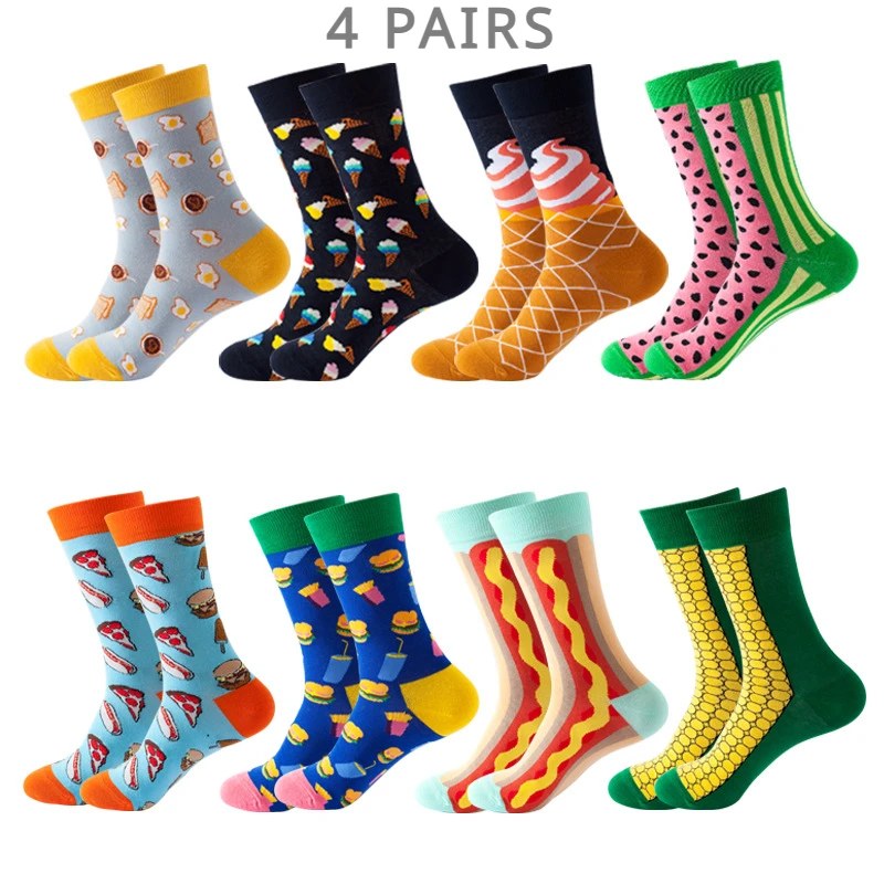 4 Pairs Women Men Funny Socks Cute Cartoon Crew Socks High Quality Cotton Sports Socks Soccer Basketball Hip-hop Colorful Print