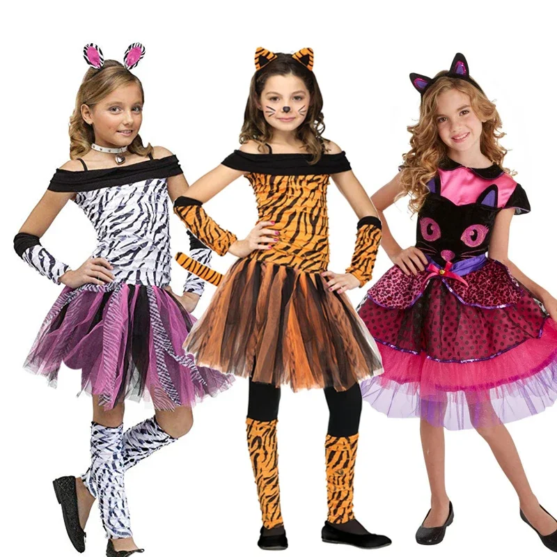 Snailify Girls Zebra costume Kids Tiger Child Tigress Cosplay Halloween Purim Pink Cat Face Fancy Dress