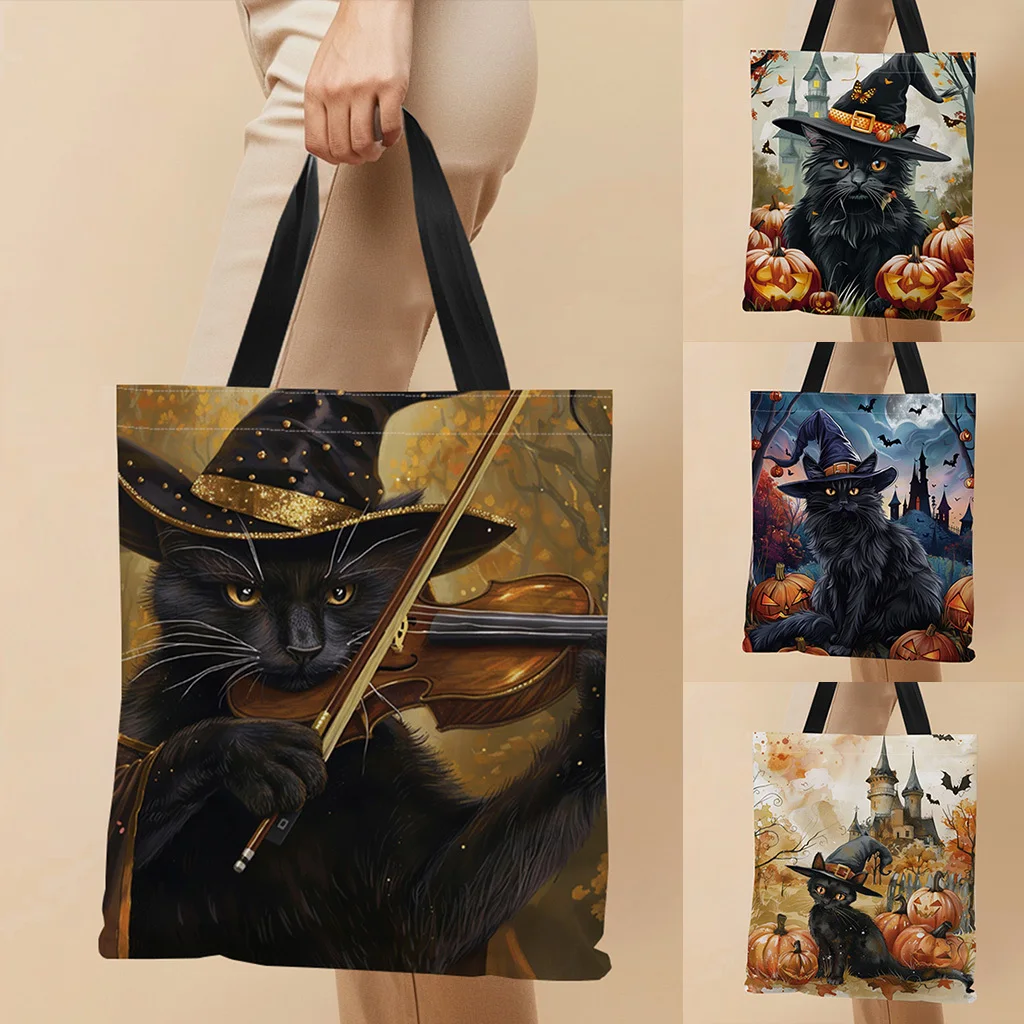 1 Stück schwarze Katzen- und Hexenhut-Einkaufstasche mit Halloween-Motiv, lebendige Polyester-Einkaufstasche mit Kürbissen, Fledermäusen und Schloss-Design