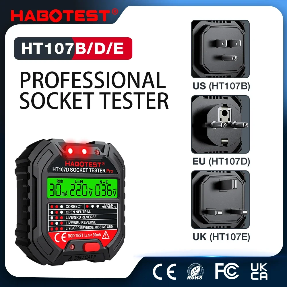 HABOTEST HT107 Pro Socket Tester EU Plug Voltage Test Detector Ground Zero Line Polarity Phase Check Tool