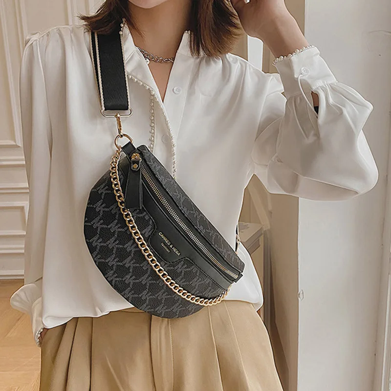New Women Chain Waist Bag PU Leather Fanny Pack Waist Belt Bag for Luxury Shoulder Crossbody Chest Purses and Handbag