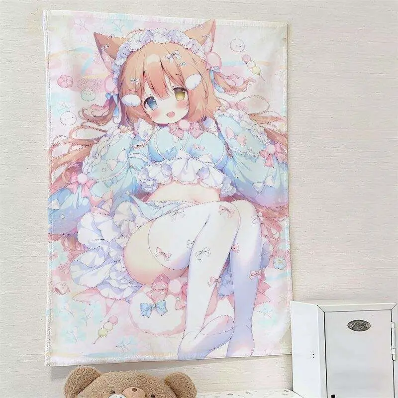 VIKAMA Pastellfarbener Neko Anime Wandteppich Süßer Weicher Kawaii Ästhetischer Wandbehang Schlafzimmer Wohnheim Apartment Gaming-Raum Dekoration – Detail 2