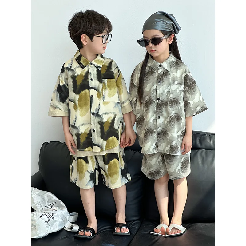 

New Chiffon Suit For Children In The Summer Of 2025, Thin Short-Sleeved Shirts And Shorts For Boys And Girls, Two-Piece Suit.