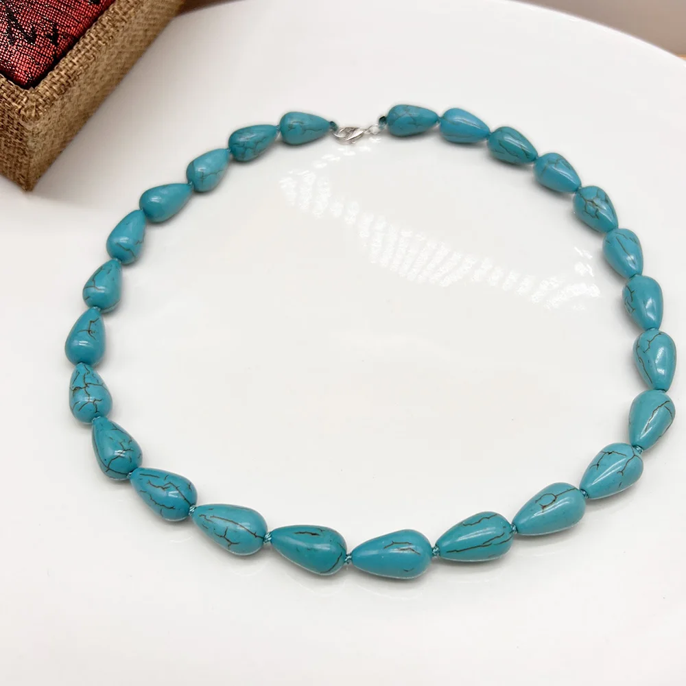 Boho Ethnic Turquoise Teardrop Bead Choker Necklace Retro Cracked Blue Stone Short Neck Chain Women Daily Holiday Fashion Jewelr