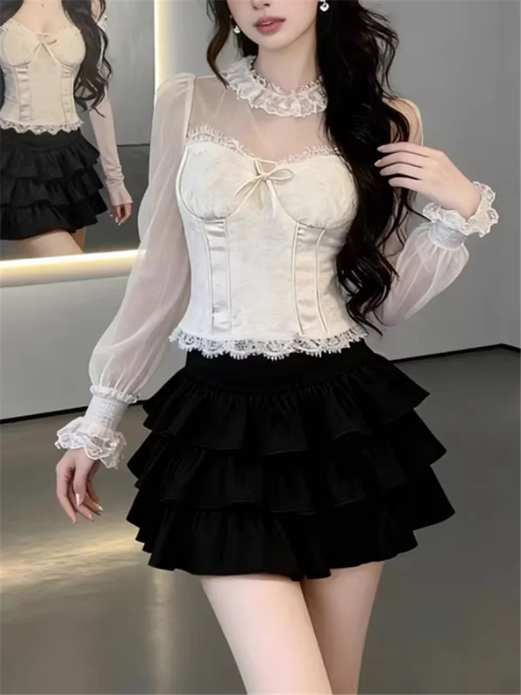 

Sweet Lolita Girl Lace Patchwork Mesh Shirt French Palace Style 2026 New Spring Short Sheer Top Beige Transparent Sleeve Blouse