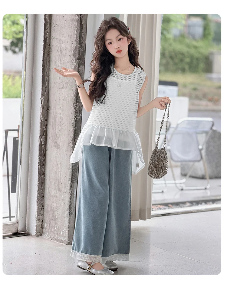 Dreiteiliges Set für Mädchen, Sommer-Oberteil mit Spaghettiträgern, ärmellosem, ausgehöhltem Top und Jeans mit weitem Bein für Kinder von 19,5–57,5 kg – Detail 13