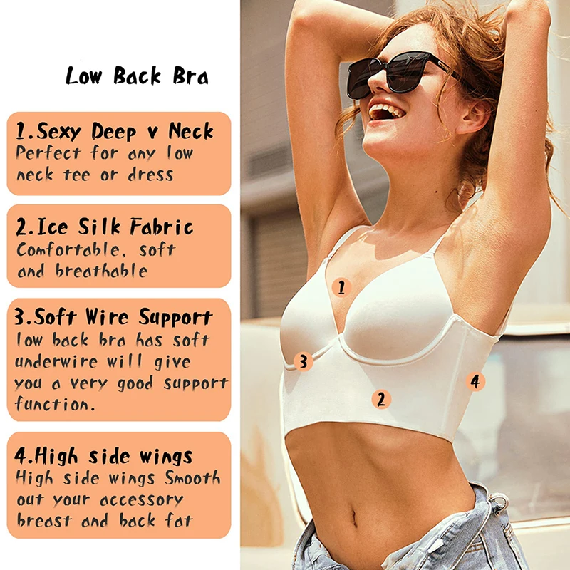 Low Back Bras for Women Push Up Deep V Neck Backless Bra Wire Lifting Bra with Multiway Convertible Straps Invisible Lingerie