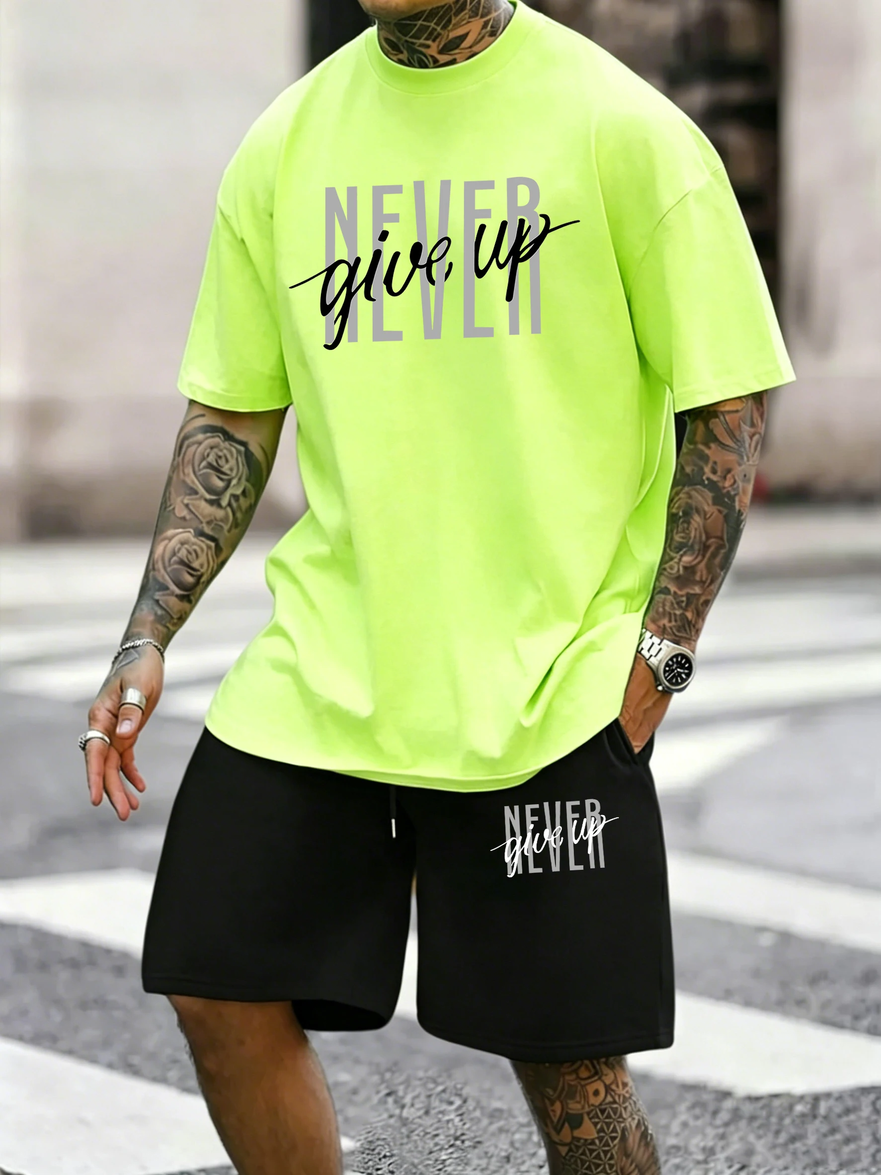 

Never Give Up Creative Print Cotton Summer Loose Sportswear Set Men Gym Street Sport T-Shirt Daily Shorts Casual Swimming Trunks