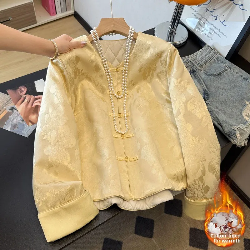 Thickened Long Sleeve Tang Suit Jacket Eastern Style Cotton Satin Heavy Embroidery Buttoned Flared  Traditional Women's Wear