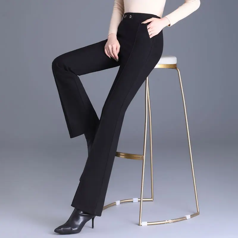 Flare Autumn Winter High Waist Pants Casual Elegant Elastic Waist Boot Cut Solid Color Office Lady Elastic Slim Trousers 2024