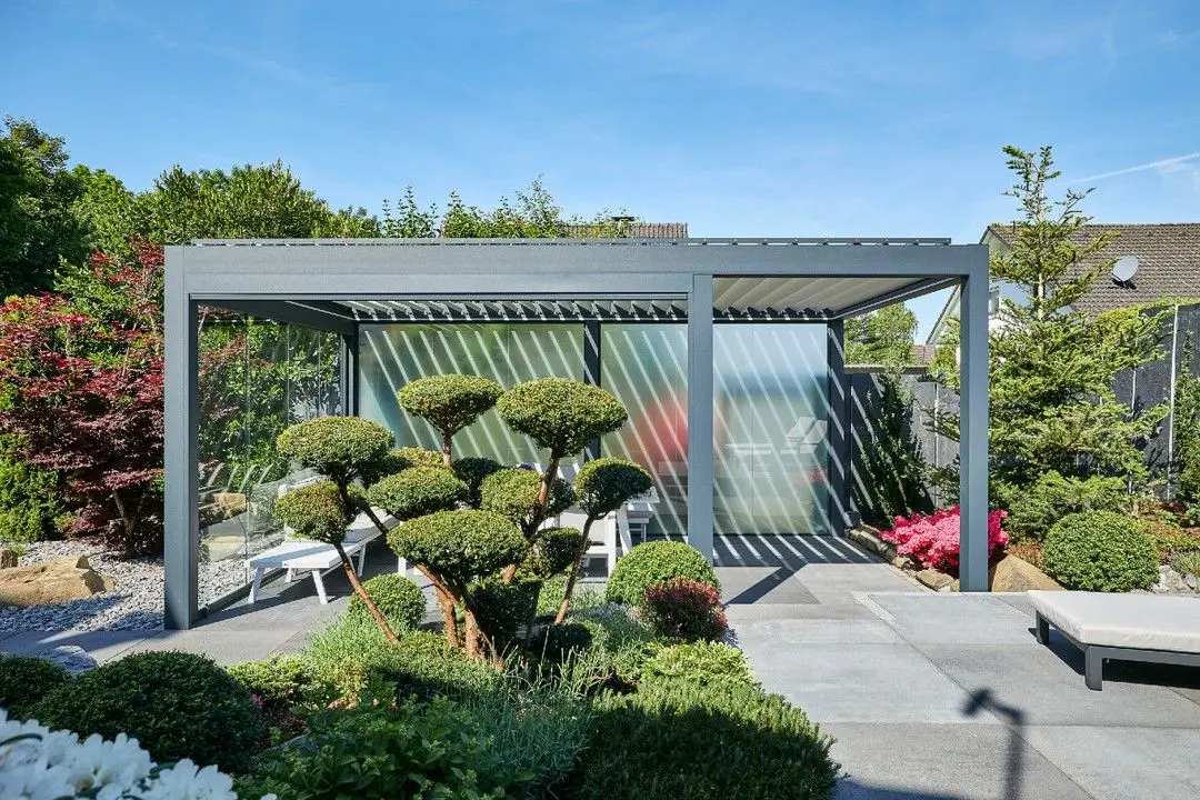 

Уличная биоклиматическая беседка для солнечной комнаты, моторизованная алюминиевая беседка, выдвижная крыша, электрическая жалюзи, водонепроницаемые беседки со светодиодной подсветкой