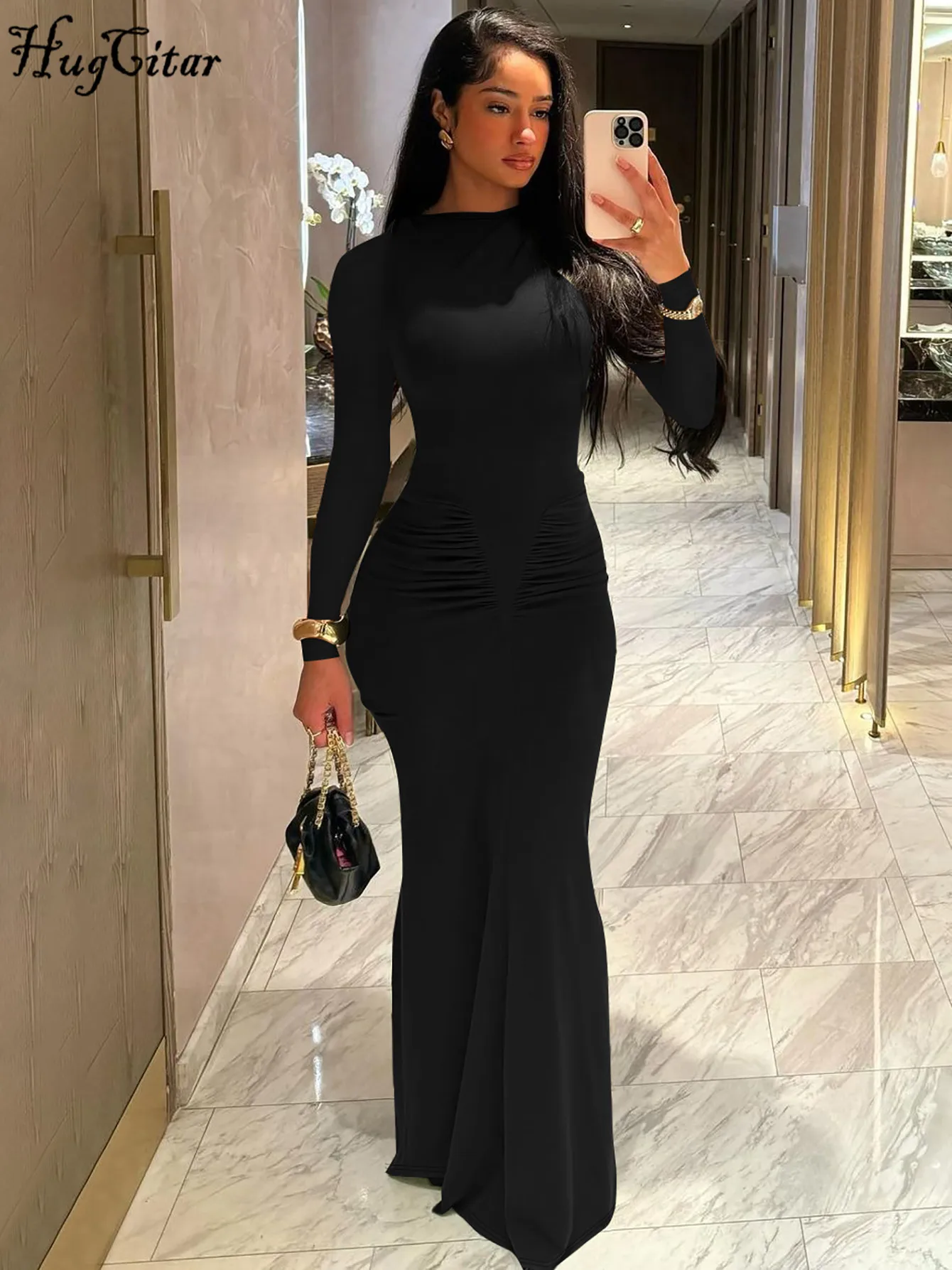 Hugcitar Autumn Solid Long Sleeve Draped Sexy Bodycon Maxi Prom Dress Women Fashion Y2K Outfits Evening Party Festival Club - Image 5
