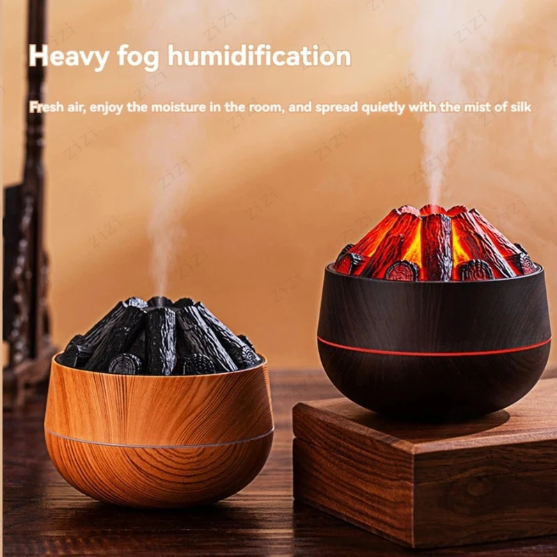 Home Desktop Portable Simulation Charcoal Fire Humidifier with Atmosphere Flame Heavy Fog Ultrasonic USB Silent Humidifier