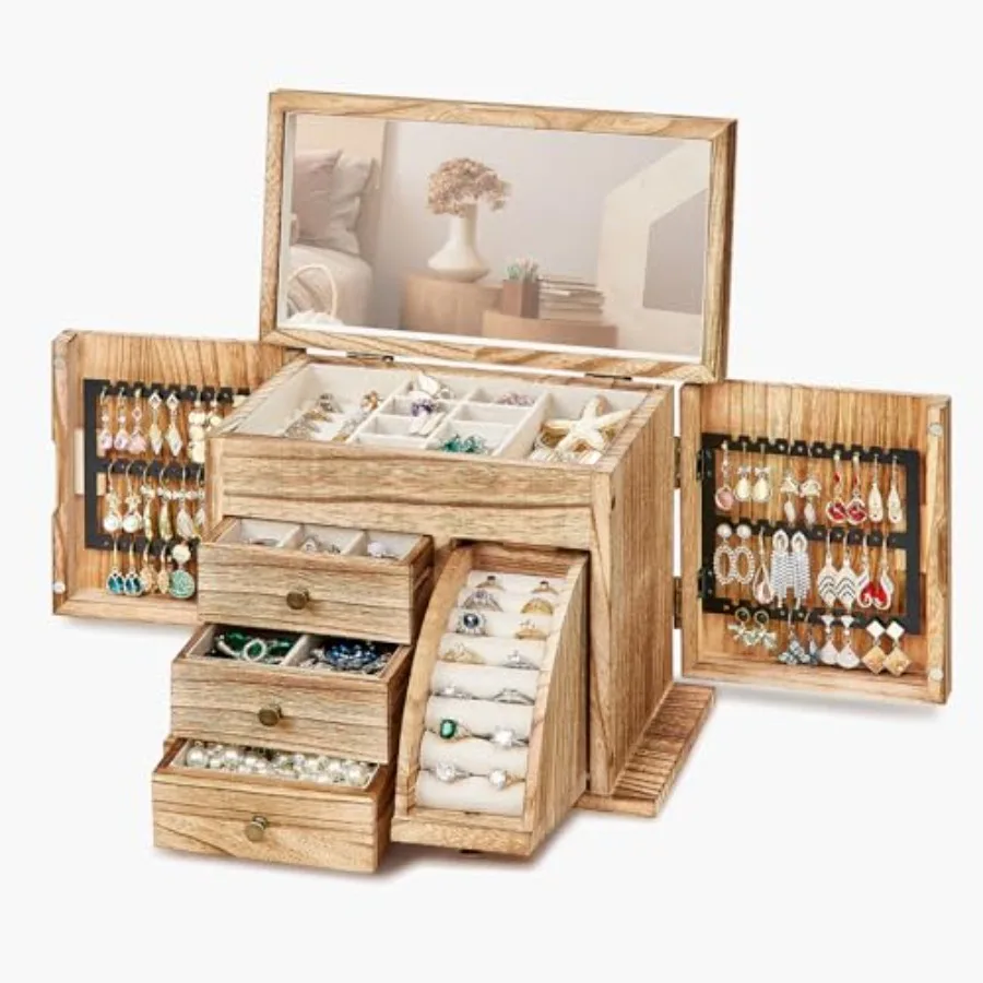 

Jewelry Box Organizer Solid Wood Jewelry Boxes fow Women with Mirror Double Layer Jewelry Organizer Box Display Earring Necklac