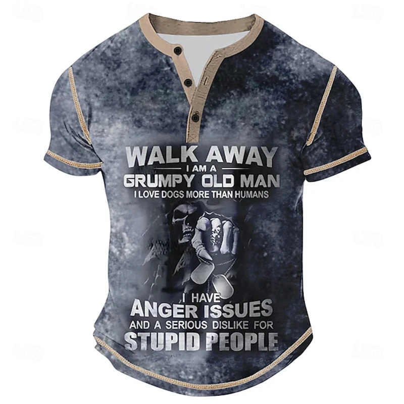 Vintage Tie-Dye Men's Henley T-Shirt With Whimsical “Grumpy Old Man” Skeleton Print—Short-Sleeve Casual Button-Down Shirt