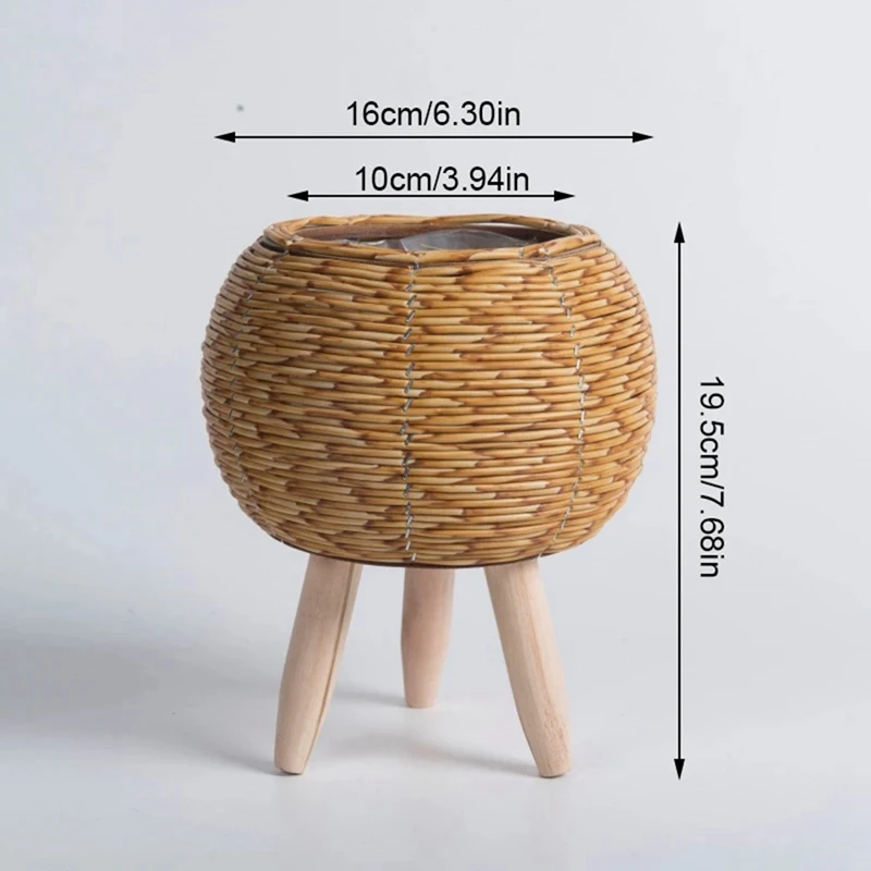 Vintage Imitation Rattan Woven Flower Shelf Planters Handmade Storage Basket With Wooden Legs Plant Pot Stand Holder Durable ,A