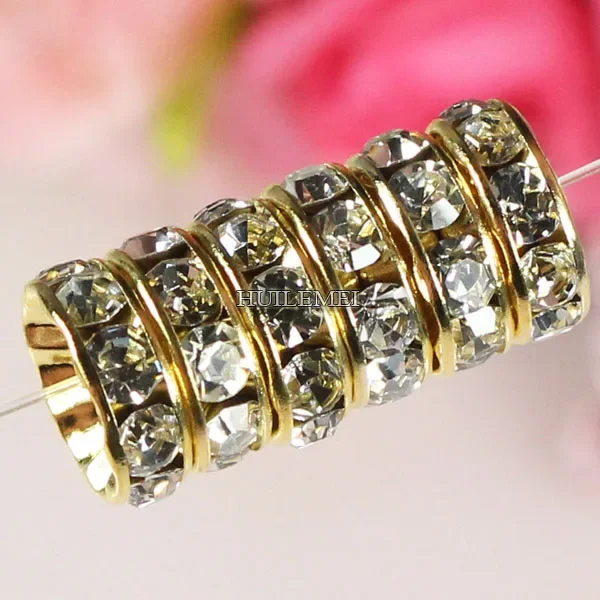 50pcs/lot 4 6 8 10mm Gold-color Crystal Rhinestone Rondelle Loose Spacer Beads for DIY Jewelry Making Findings Accessories