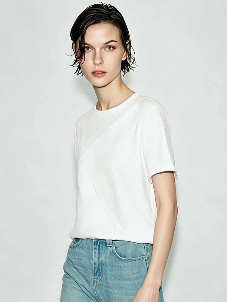 

Amii Women's T-Shirt 2026 Summer New Round Neck Patchwork Satin Trim Short Sleeve T Shirt Woman Loose Office Casual Top 12622192