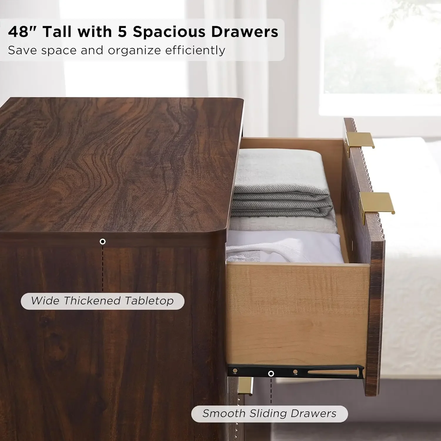 [Limited Time Offer + Free Shipping!]Fluted 5 Drawers Dresser, 48" Tall Modern Chest of Drawers, Curved Profile Design, Wood Dra