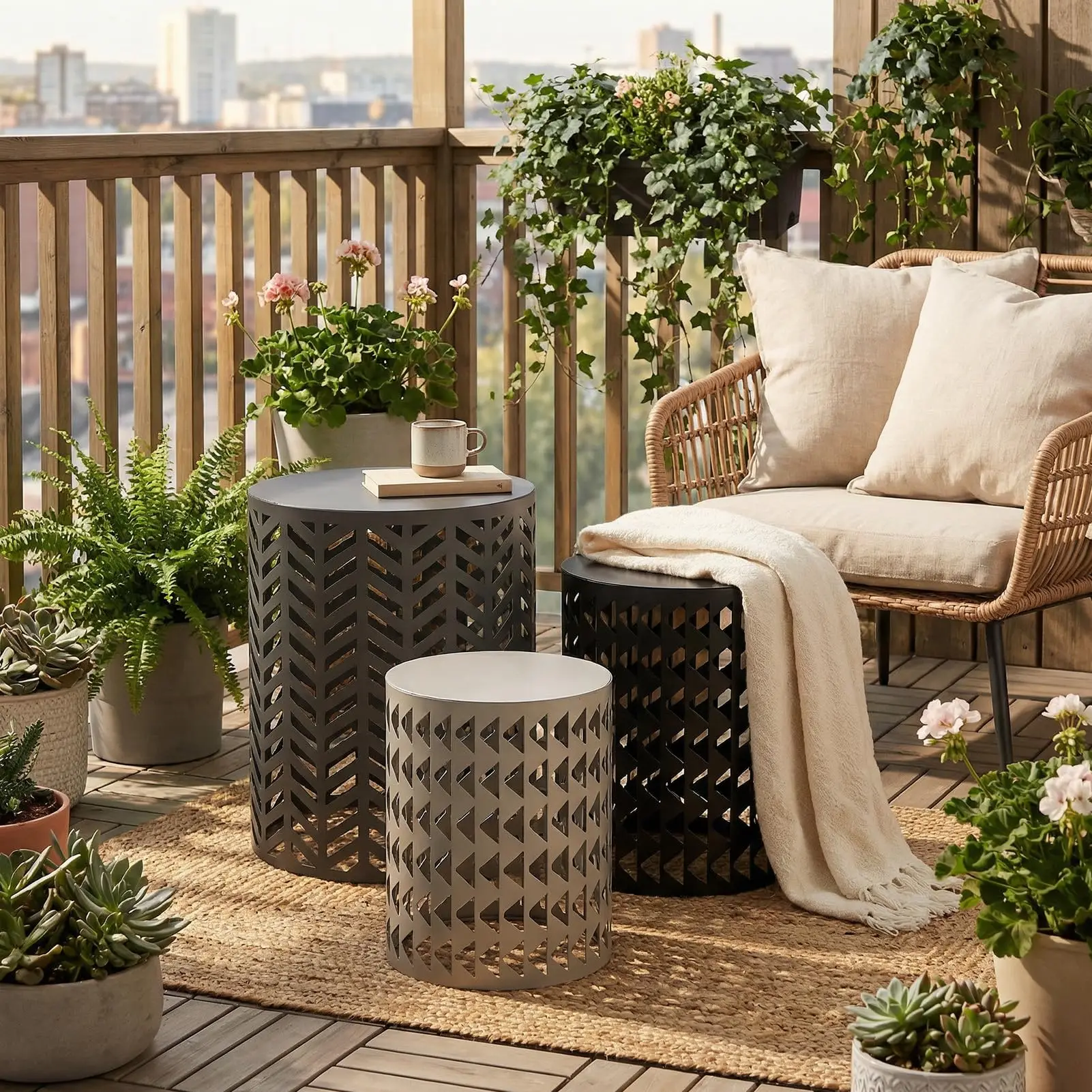 3 Set Small Patio Side Tables, 176Lbs, Round Outdoor Side Tables for Patio, Nesting Outdoor Table Set, Outside Metal
