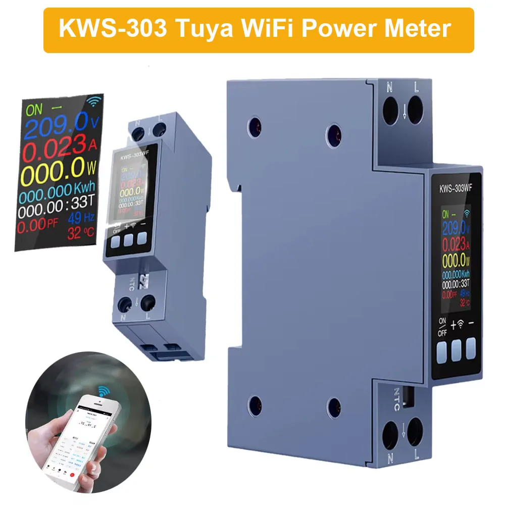 KWS-303 Tuya WiFi Power Meter TFT 8-in-1 Two-Phase AC Voltage Current Power 85-290V/40A Remote Control Smart Life APP AC 85~290V