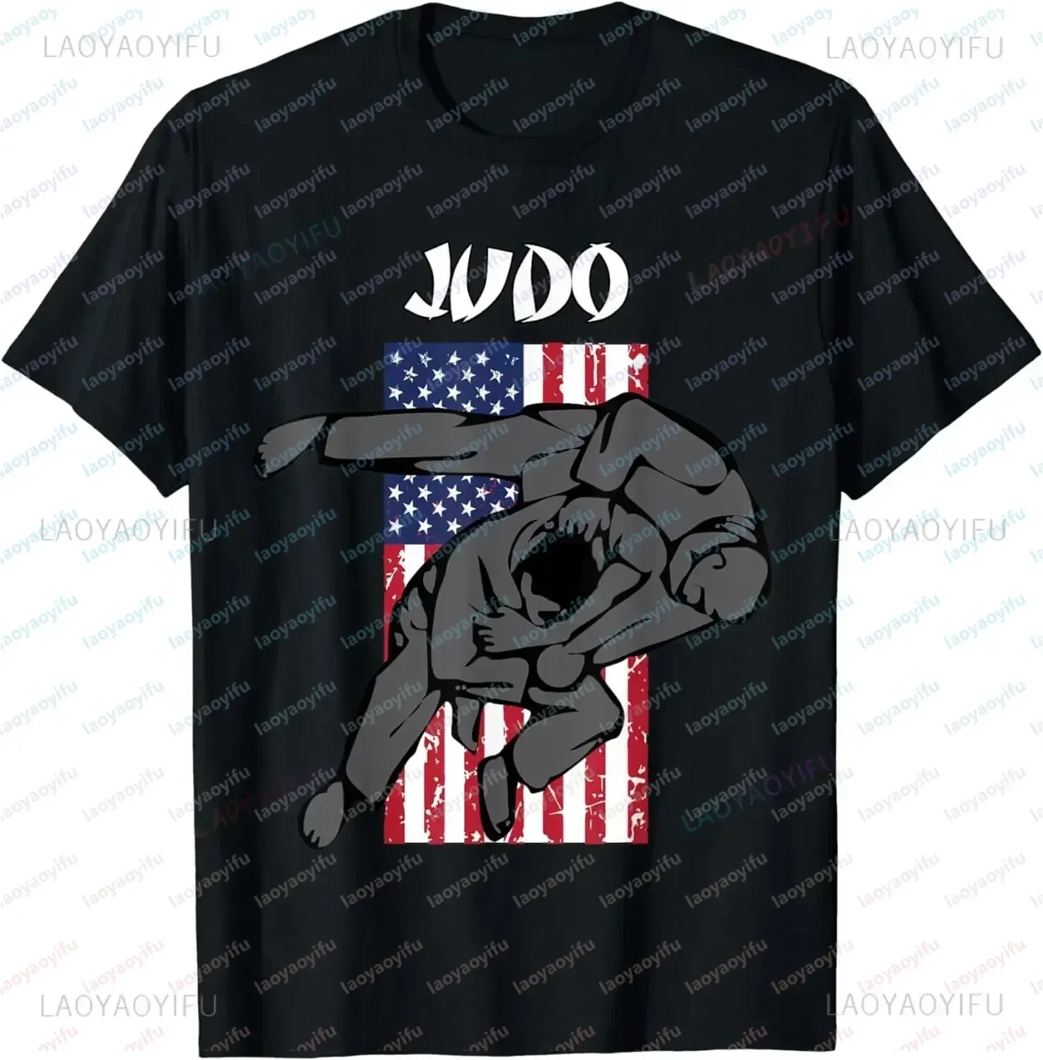 The Judo Sparring Design Combines Casual Summer T-shirts with Badges and American Flags