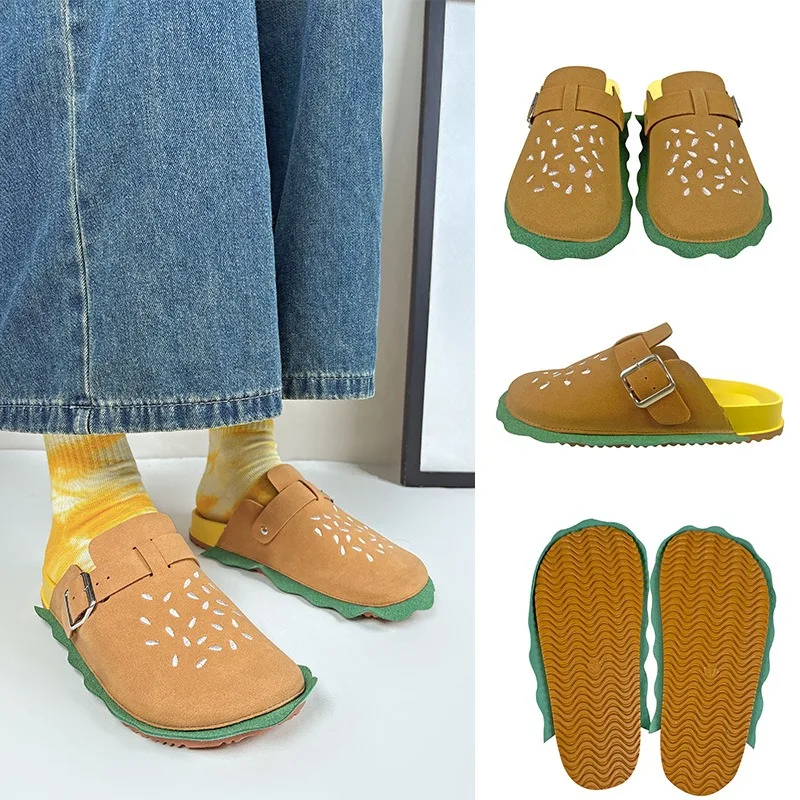 Four Season Women Slipper Hamburger Head Slip-On Sandal Lady Wide Strap Hook-Loop Half Slipper Lazy Shoe Adult Flat Home Slipper