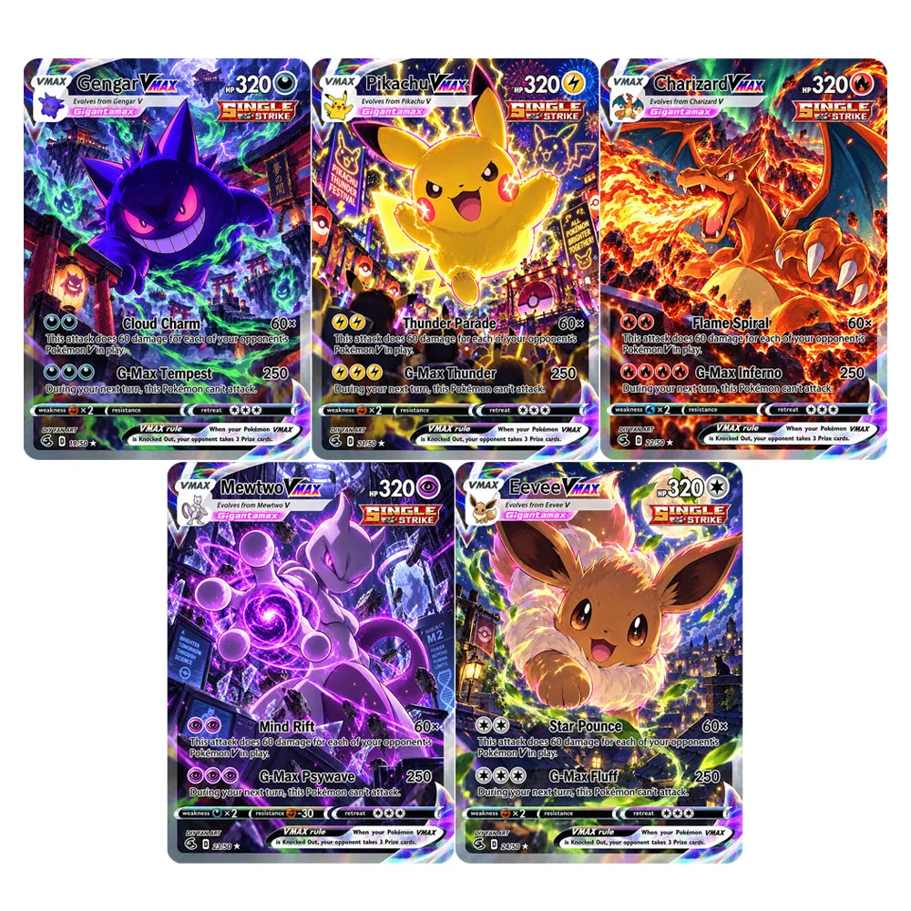 5PCS/Set DIY Collection Card English Gengar Charizard Mewtwo Eevee Aura Series Fan-Art  Holo Cards