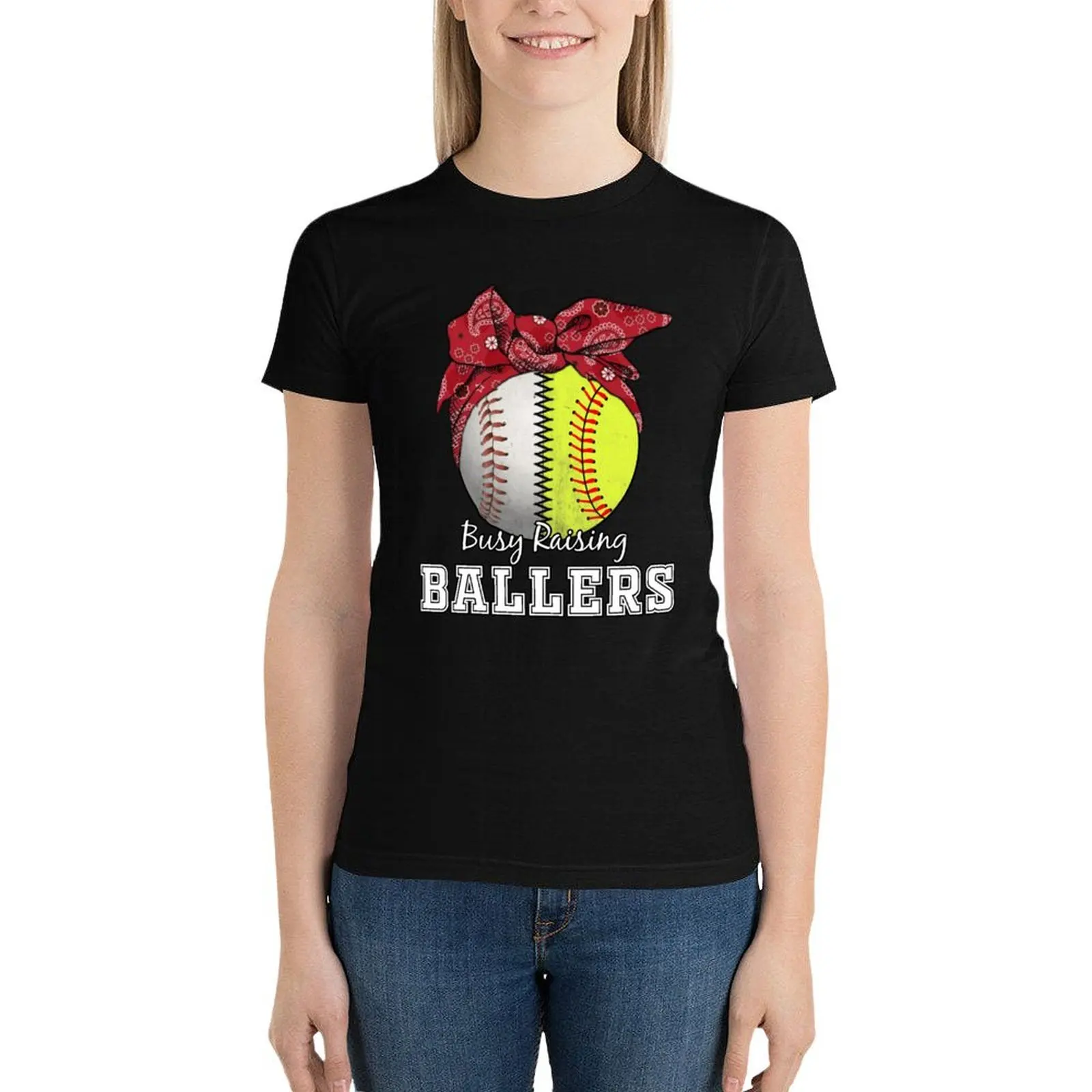 

Busy Raising Ballers Baseball Softball Mom T-Shirt Blouse kawaii clothes graphics summer clothes for Women