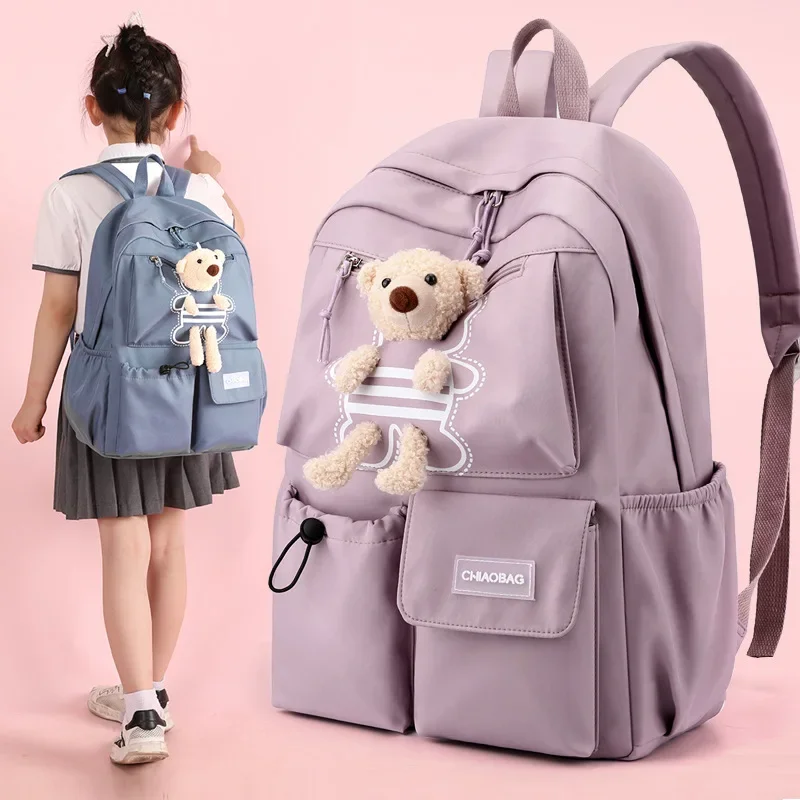 Korean Bear Girls Waterproof School Bags for Teenage Girls Children Backpack Schoolbag Solid Color Kids School Backpacks