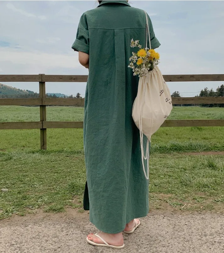 Robe longue à manches courtes pour femmes, nouveau Style coréen, ample, longueur aux genoux, chemise, 2025