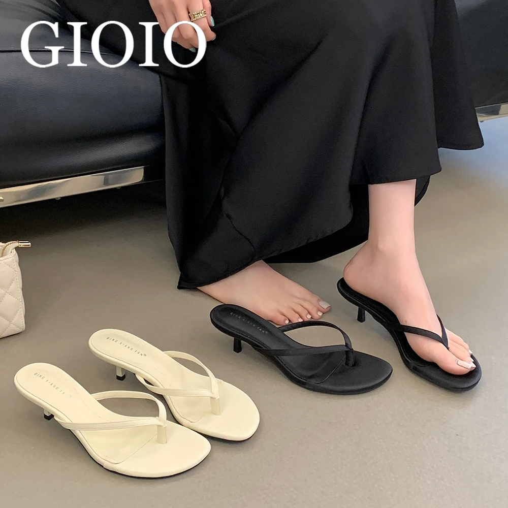 

GIOIO Yellow Black Women Thin Heels Slippers Slides Round Toe Female Flip Flops Sandals Pumps Ladies Heeled Slippers Shoes