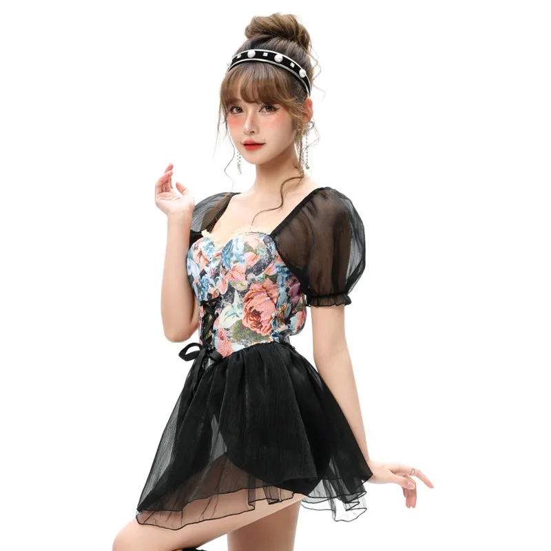 Traje de baño coreano de talla grande estilo falda de primavera caliente para estudiantes traje de baño de manga corta estilo de hadas traje de baño de una pieza para mujer que cubre el vientre
